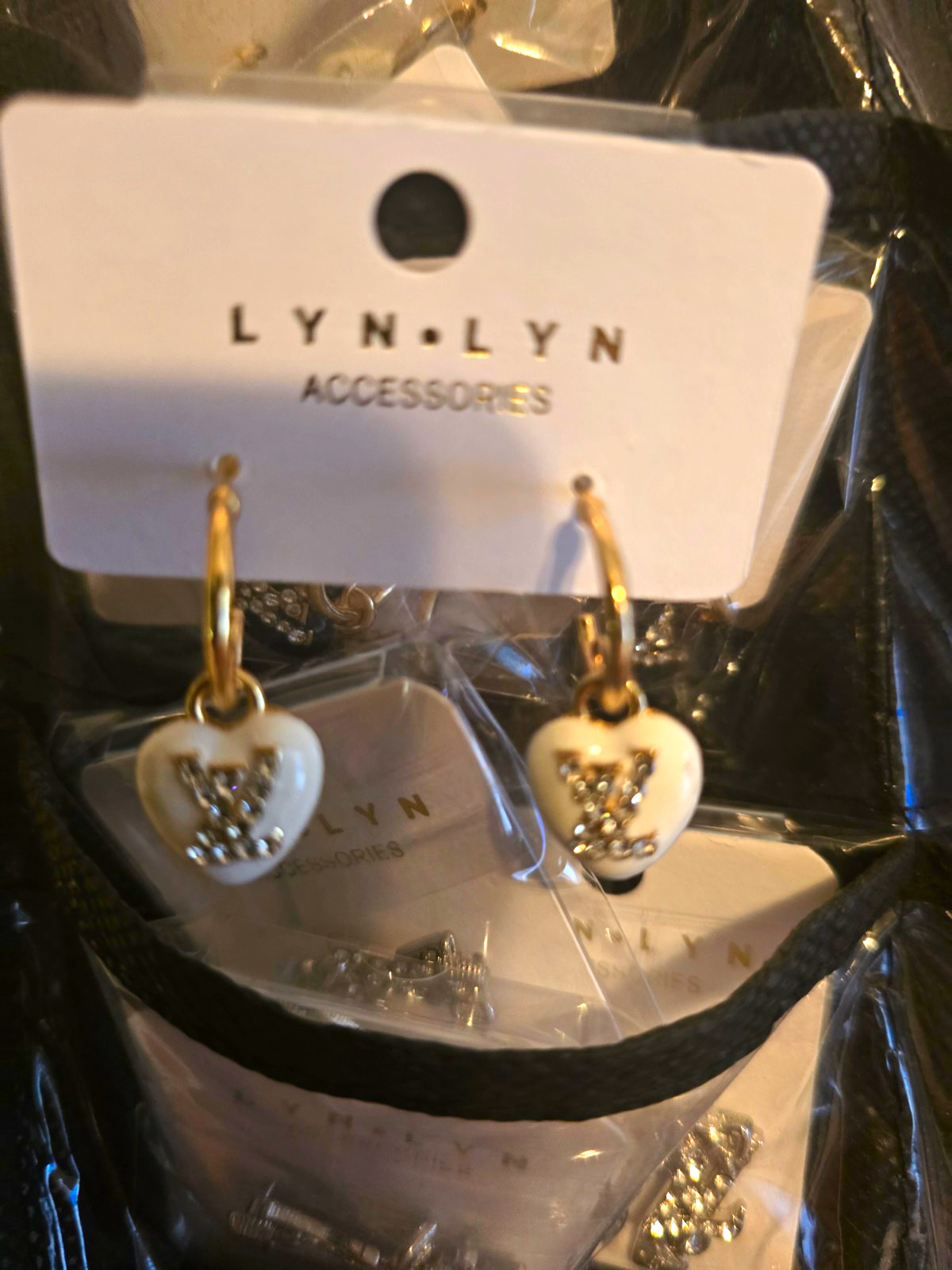 LYN.LYN Gold Tone Hoop Dangle Drop Heart Earrings White & Rhinestones
