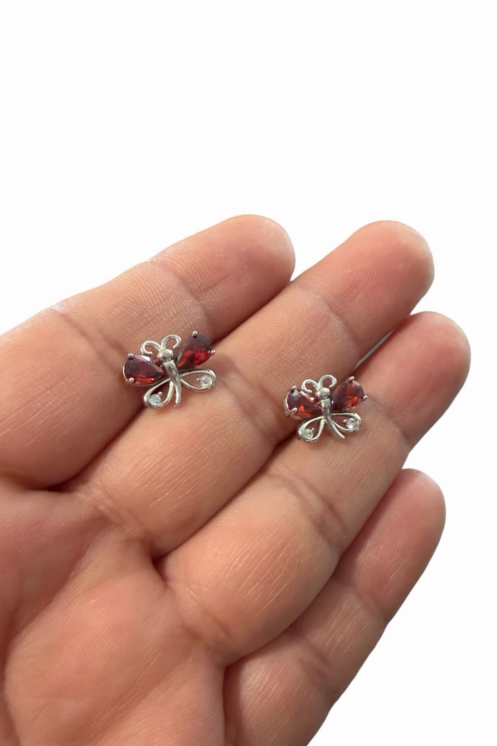 Butterfly Stud Earrings Butterfly Back Silver Metal Red Round Cubic Zirconia