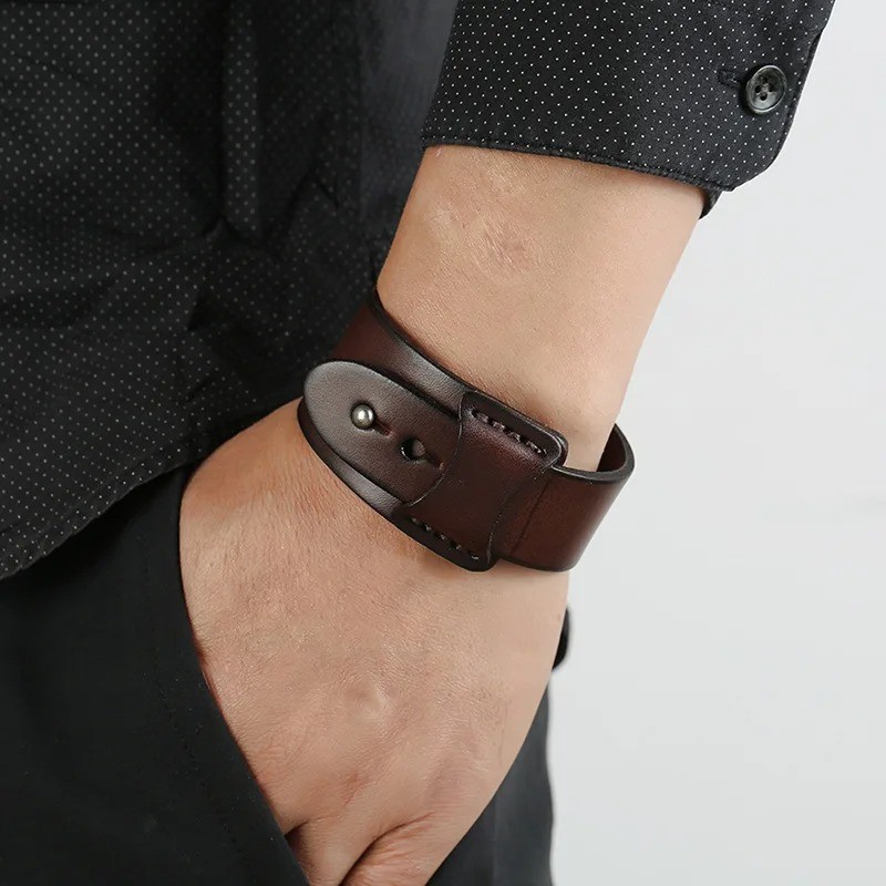VOQ Punk Geometric Design Black with Brown Genuine Leather Wristband Cuff.