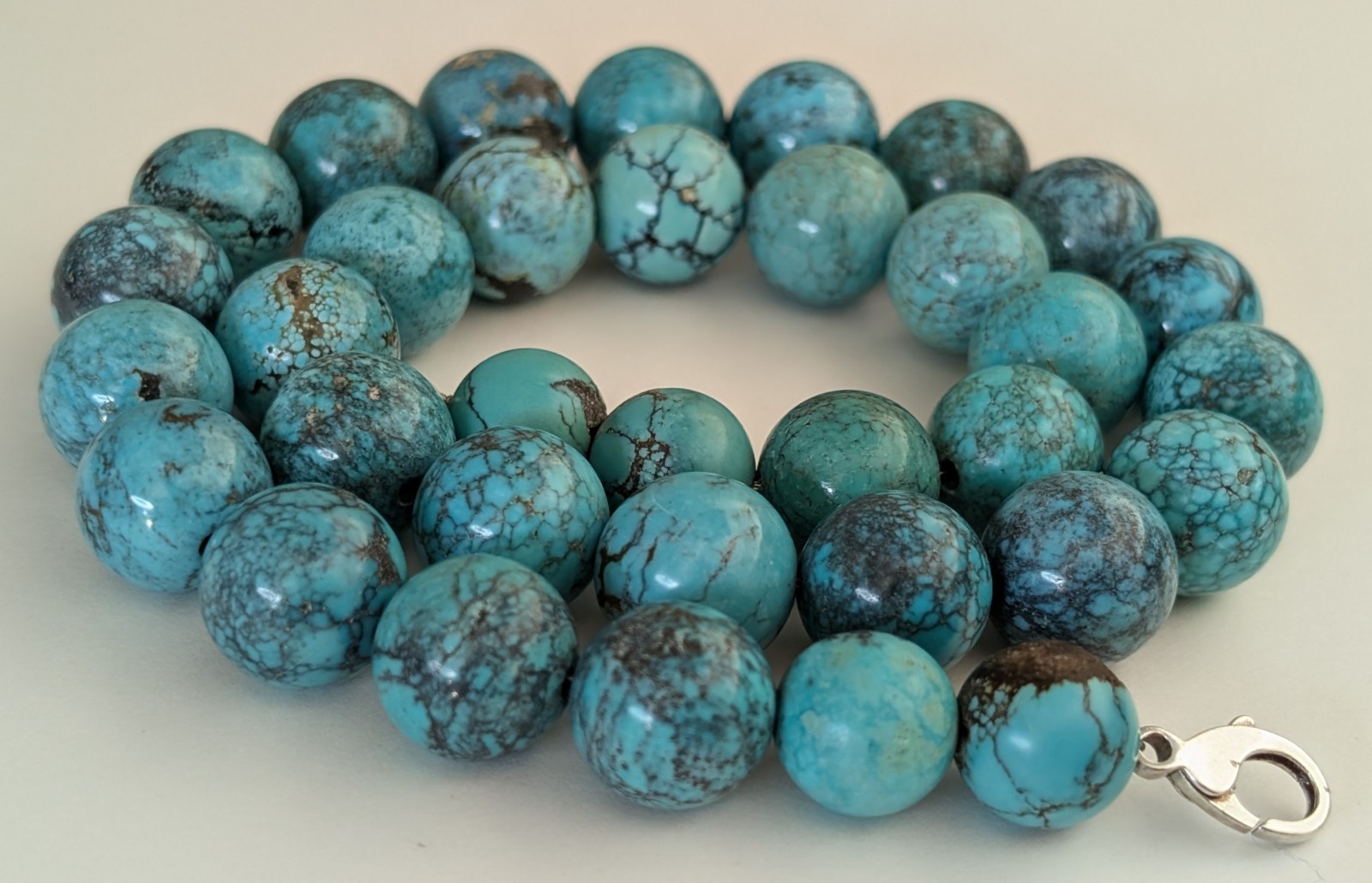 18″ Sterling Silver 13.5mm Natural Hubei Chinese Turquoise Bead Necklace 114g