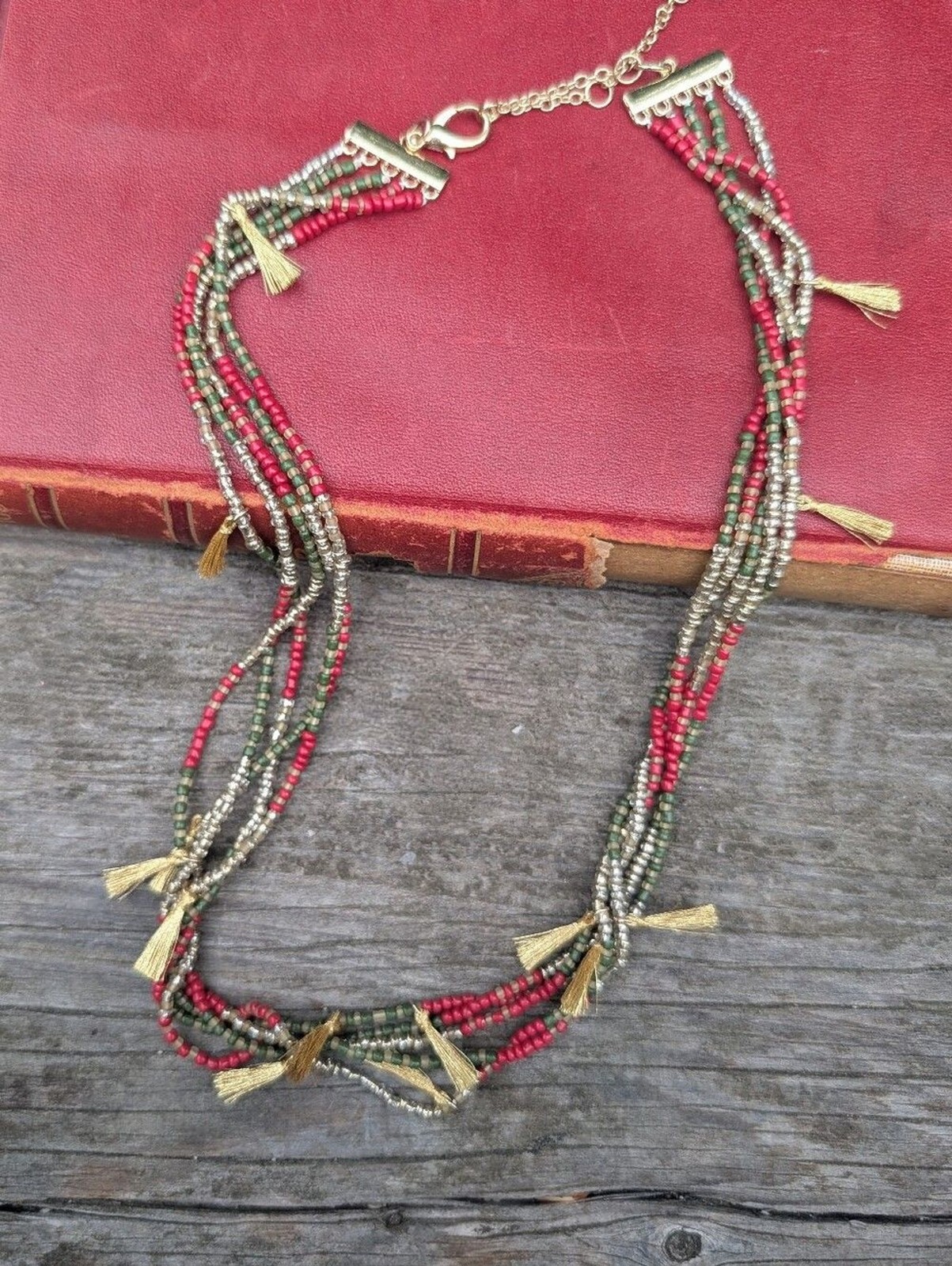 Multi-Strand Red Green Gold Beaded Tassel Necklace