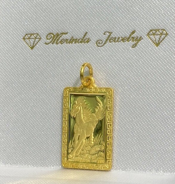 24K Solid Yellow Gold Zodiac Sign Horse Rectangle Charm Pendant, 4.1 Grams