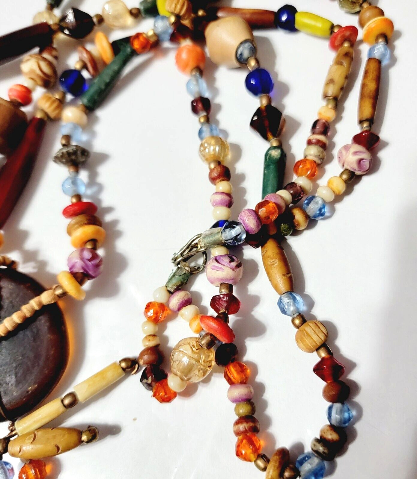Tribal Beaded Necklace Pendant Colorful Mixed Materials Glass, Wood br01-02