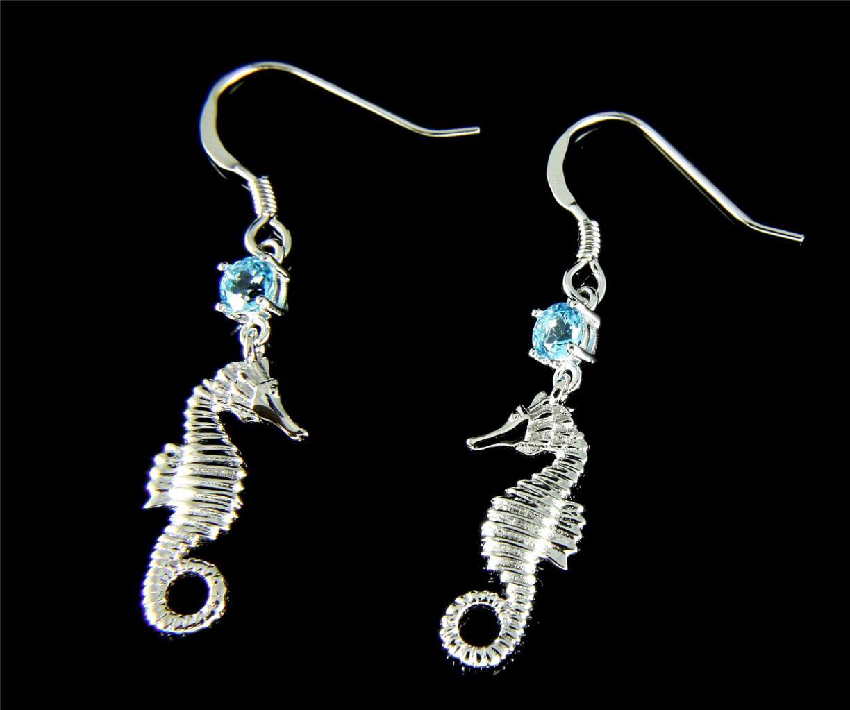 GENUINE BLUE TOPAZ SILVER 925 HAWAIIAN SEAHORSE WIRE HOOK EARRINGS
