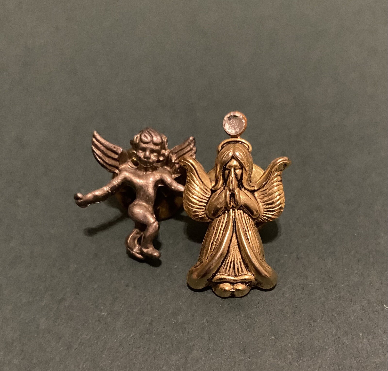 Vintage 2 Angel Gold Tone And Cherub Silver Tone Lapel Pins A705