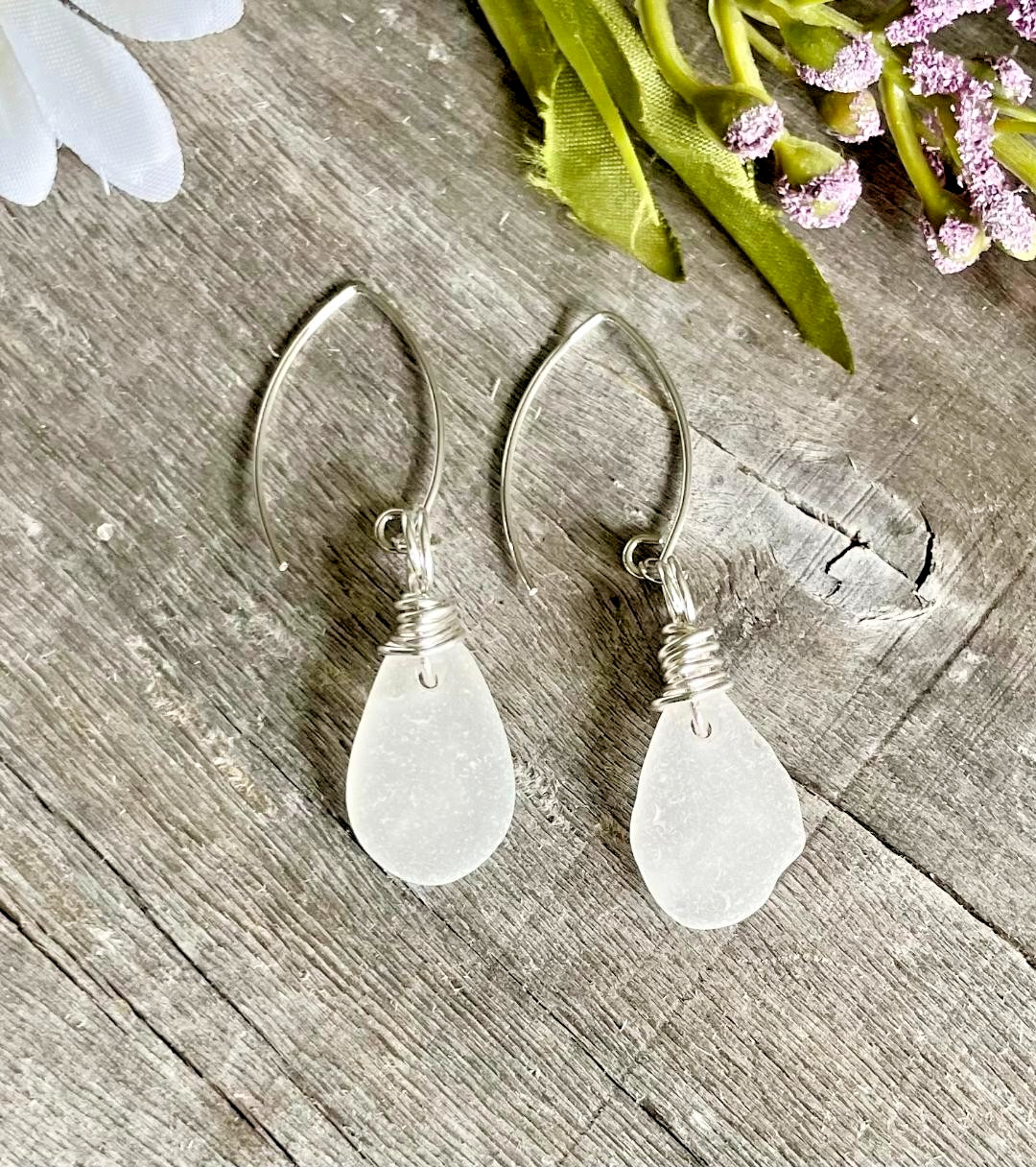 Clear Frost Sea Glass / Beach Glass Earrings, Teardrop French Hooks, Nickle Free