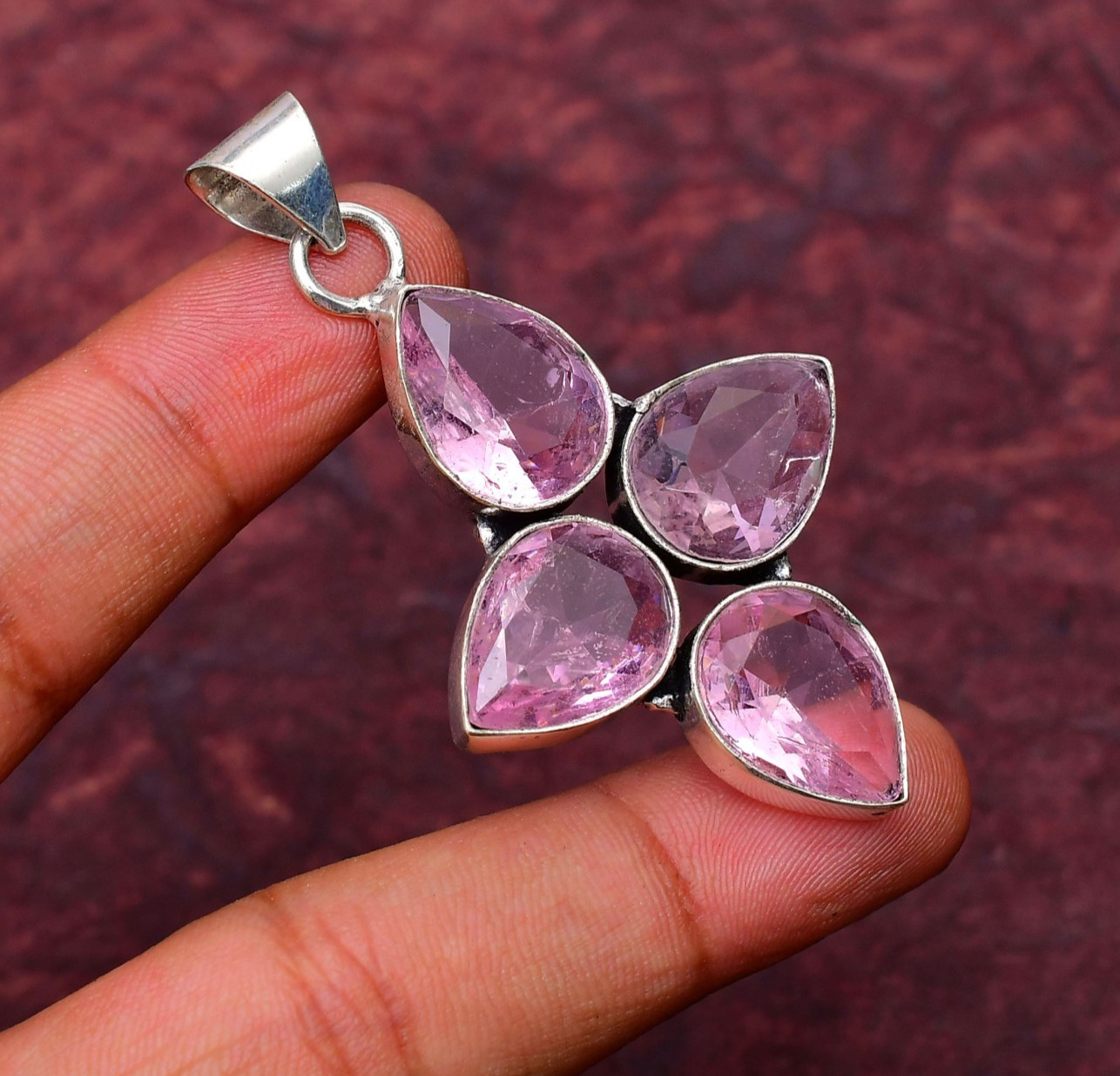 Pink Kunzite Gemstone 925 sterling silver Handmade Cross Pendant jewelry 2.28″