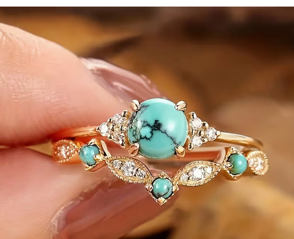 Vintage Turquoise Ring Set Boho Gold Filigree All Occasion Band Jewelry Sz 7