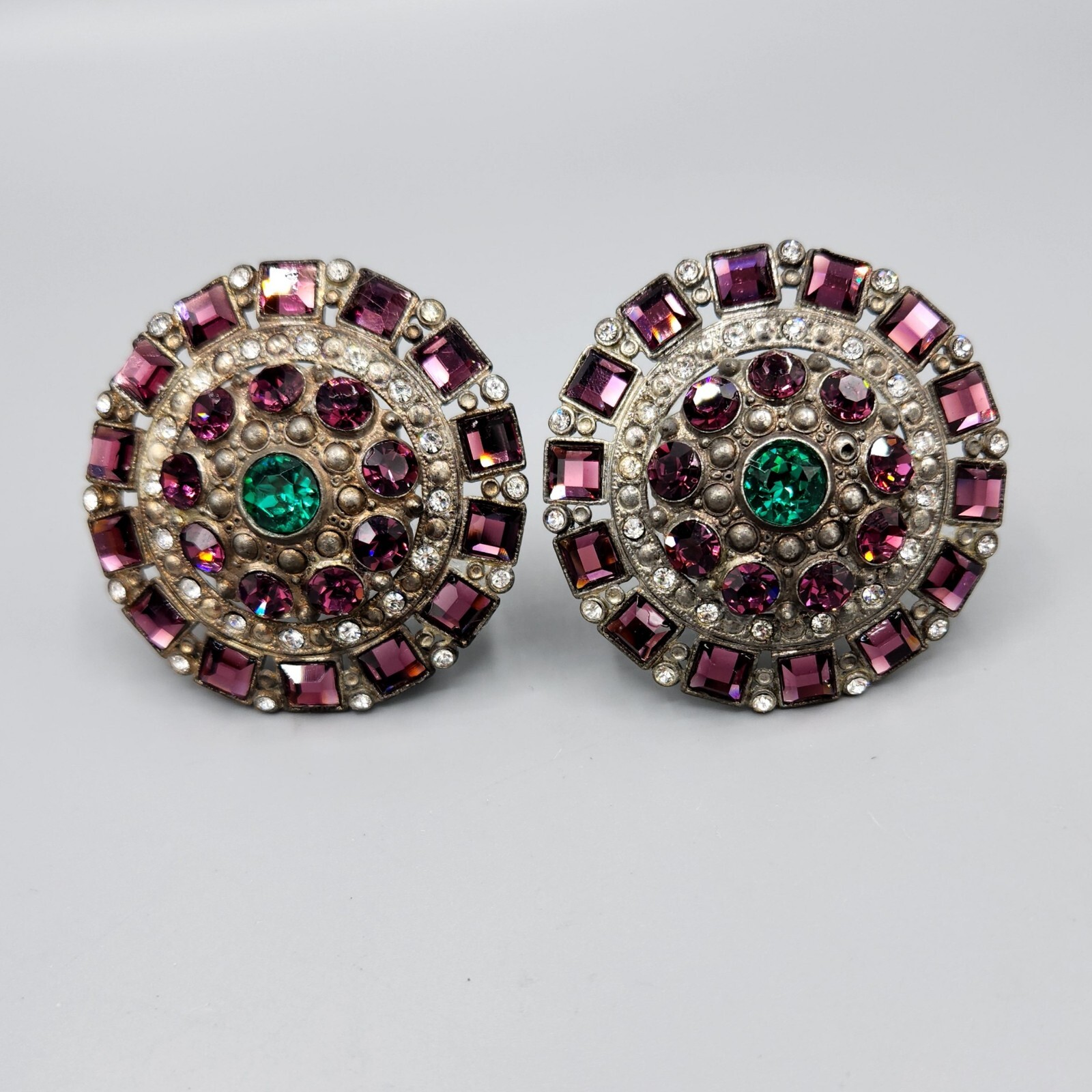 1930s Pair Purple Green Rhinestone Pot Metal Large Round Brooches Coat Pins