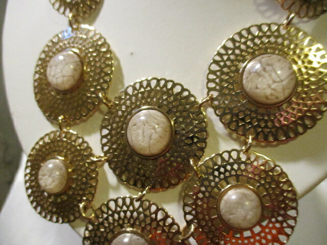 AVON Medallion Necklace Lace & Marble-Like Details Burnished Brass Faux Stones