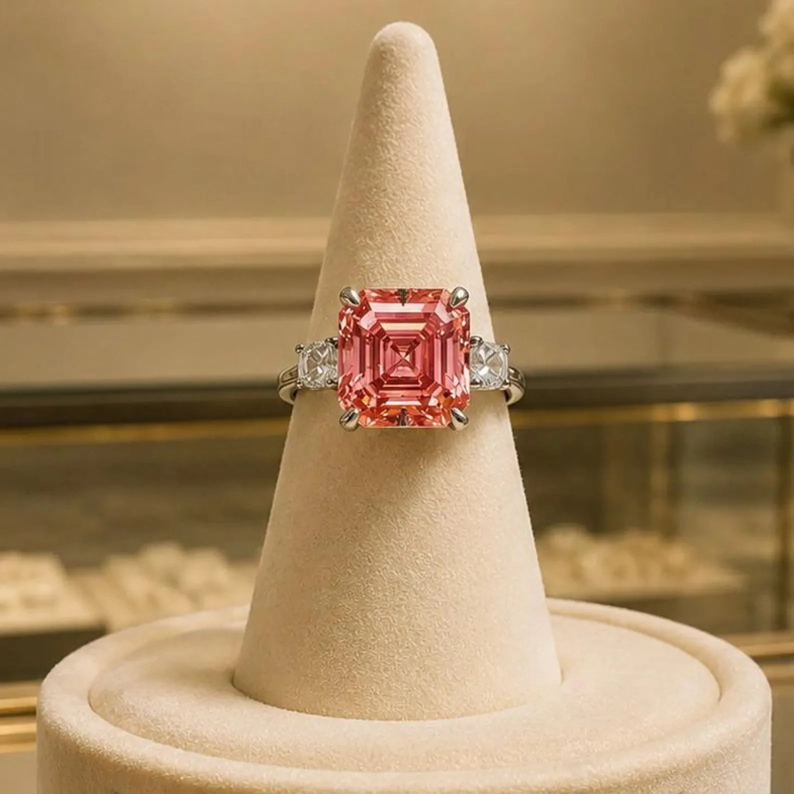 5 CT Asscher Cut Hawaiian Sunset Diamond Ring , Tariffs FREE & Matching Studs.