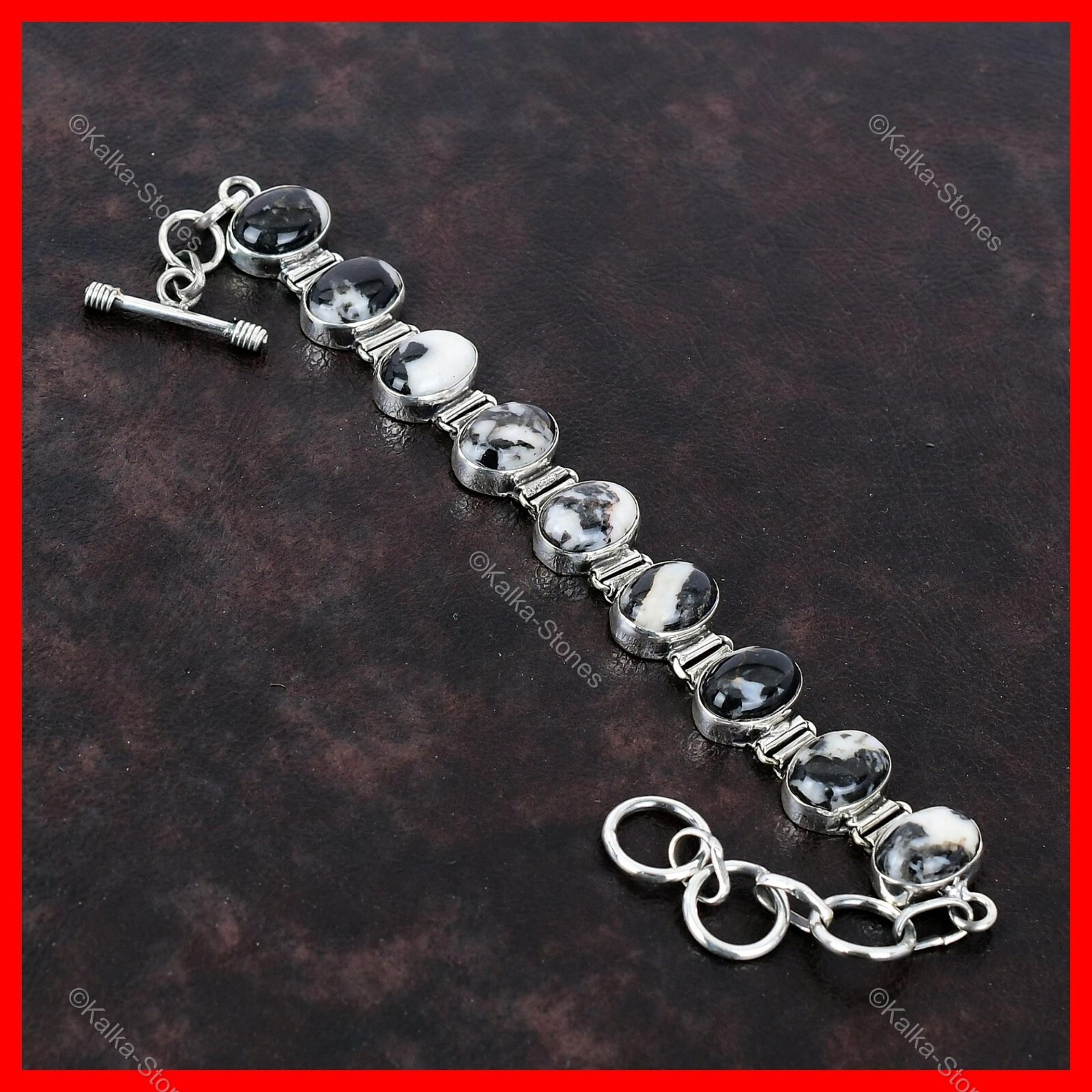 925 Sterling Silver White Buffalo Turquoise Stone Chain Bezel Bracelet Jewelry