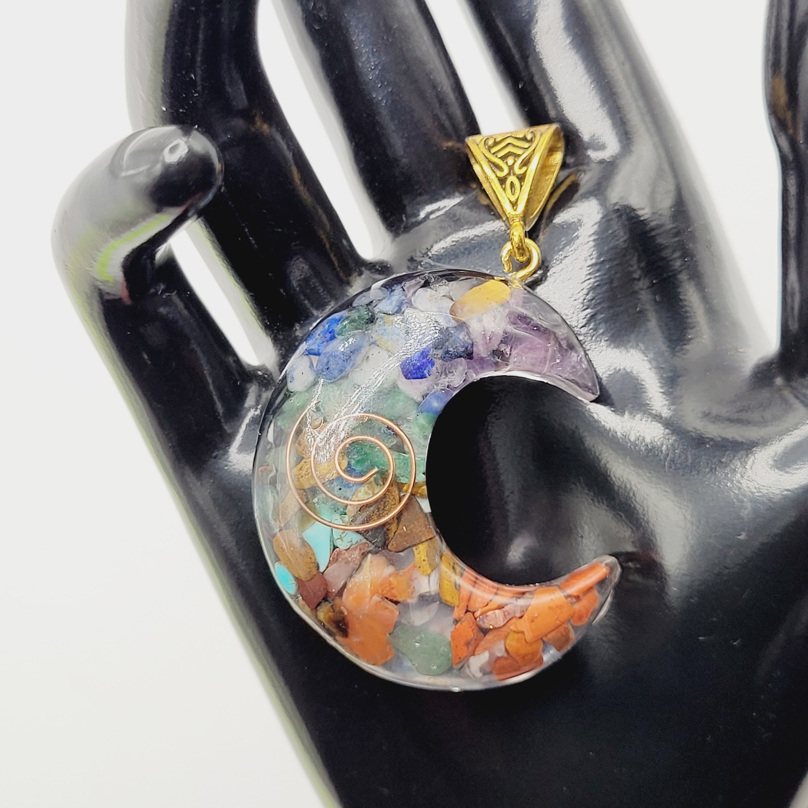 Crescent Moon Shape Orgone Chakra Crystal Chip Pendant Ornate Bail No Chain