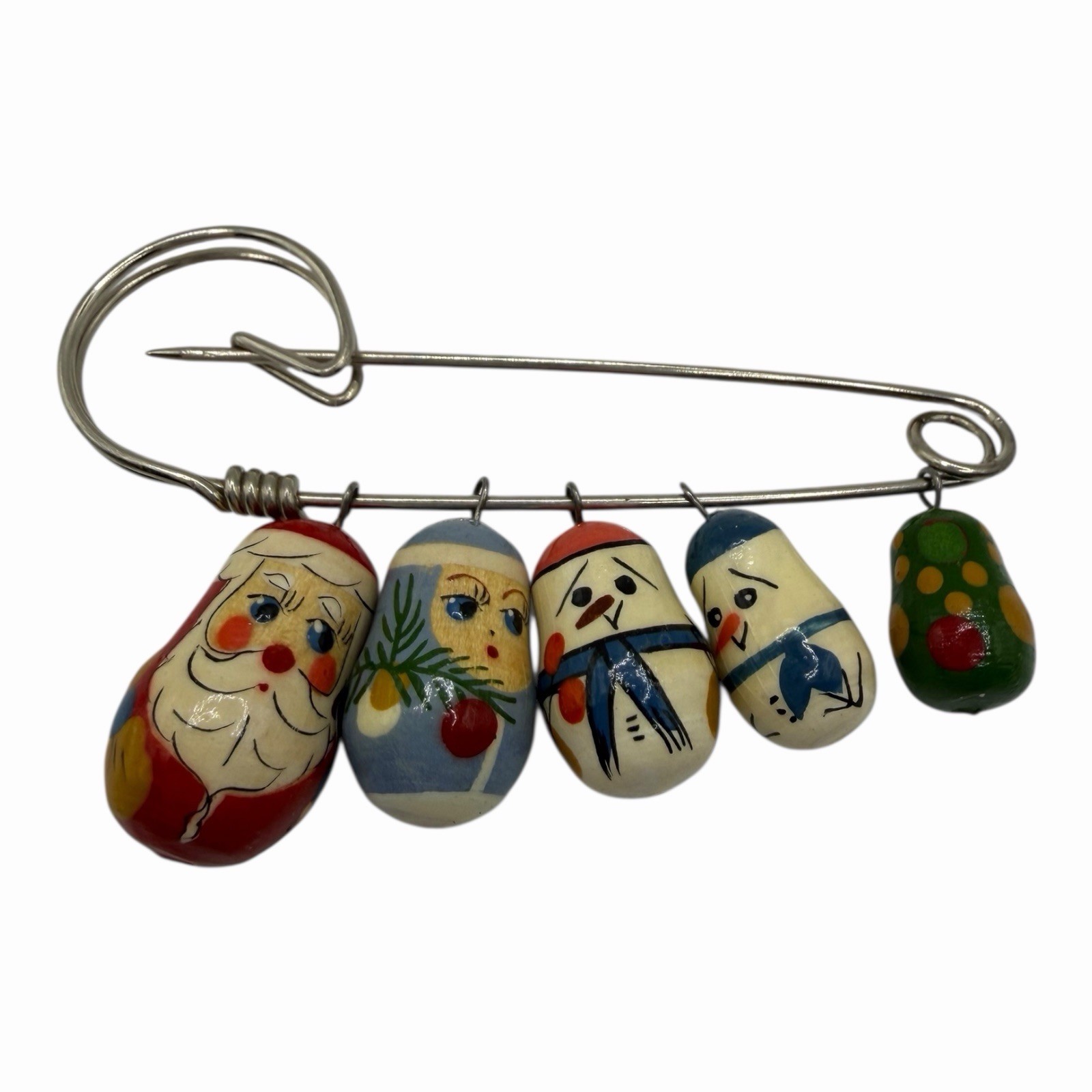 Wood Russian Doll Christmas Pin Hand Painted Santa Nesting 2 5/8 In EUC