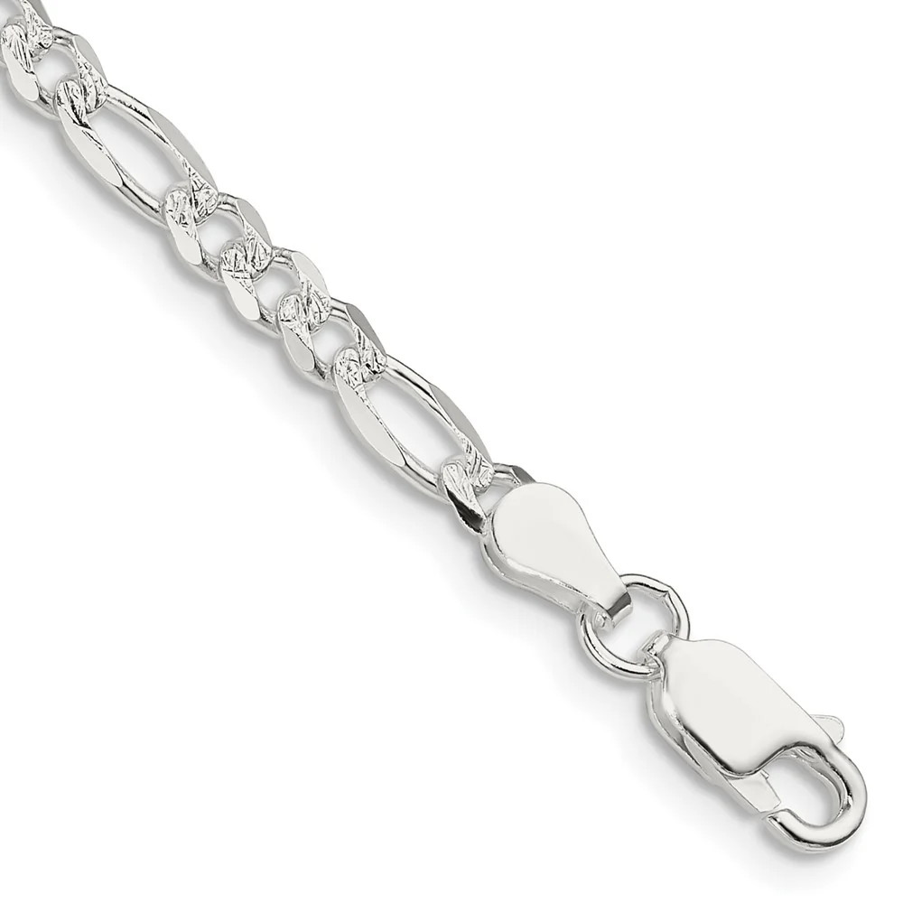 Sterling Silver 4mm Pavé Flat Figaro Chain Bracelet 7″-9″