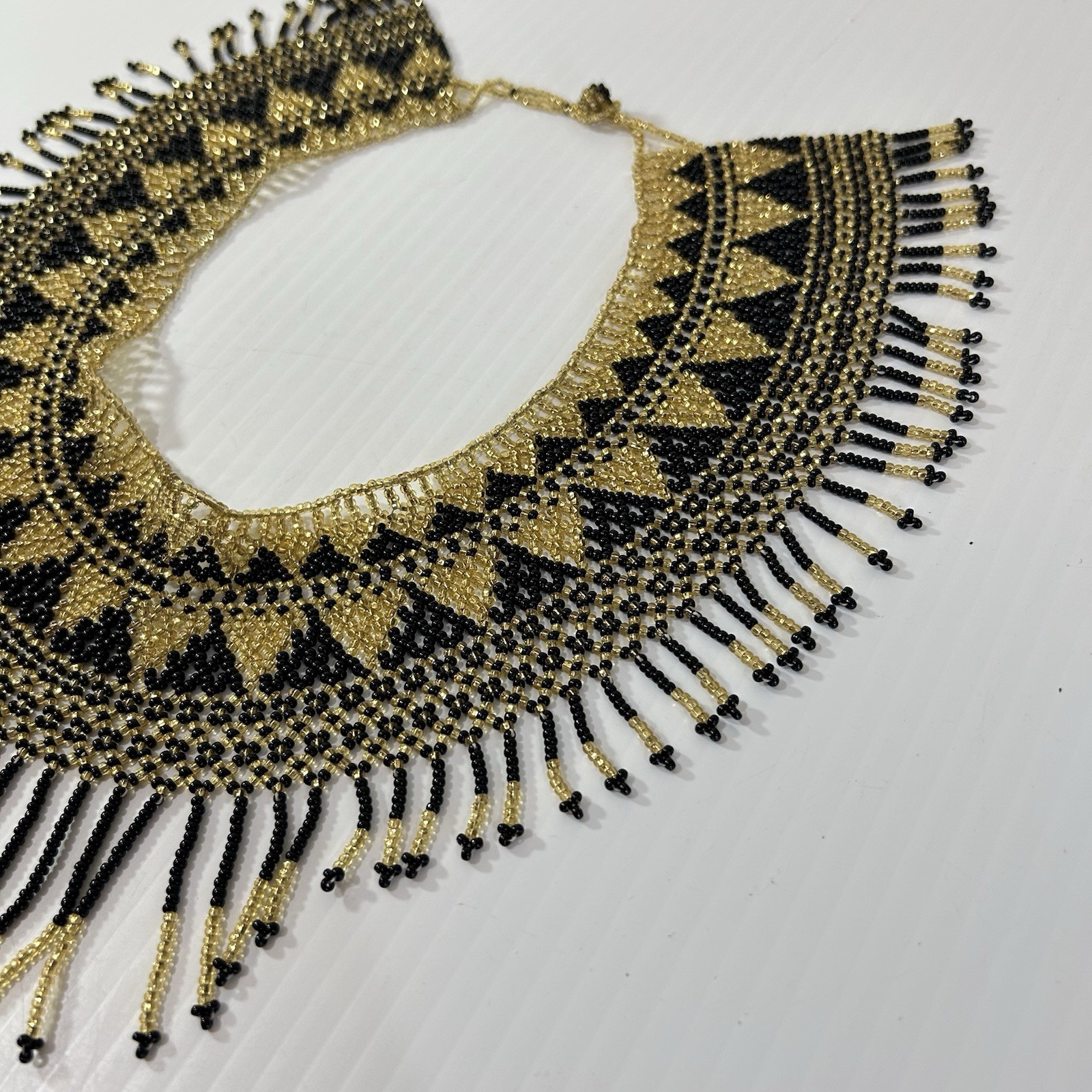 Handcrafted Sead Bead Collar Choker Necklace Black Gold Fringe Statement Jewelry
