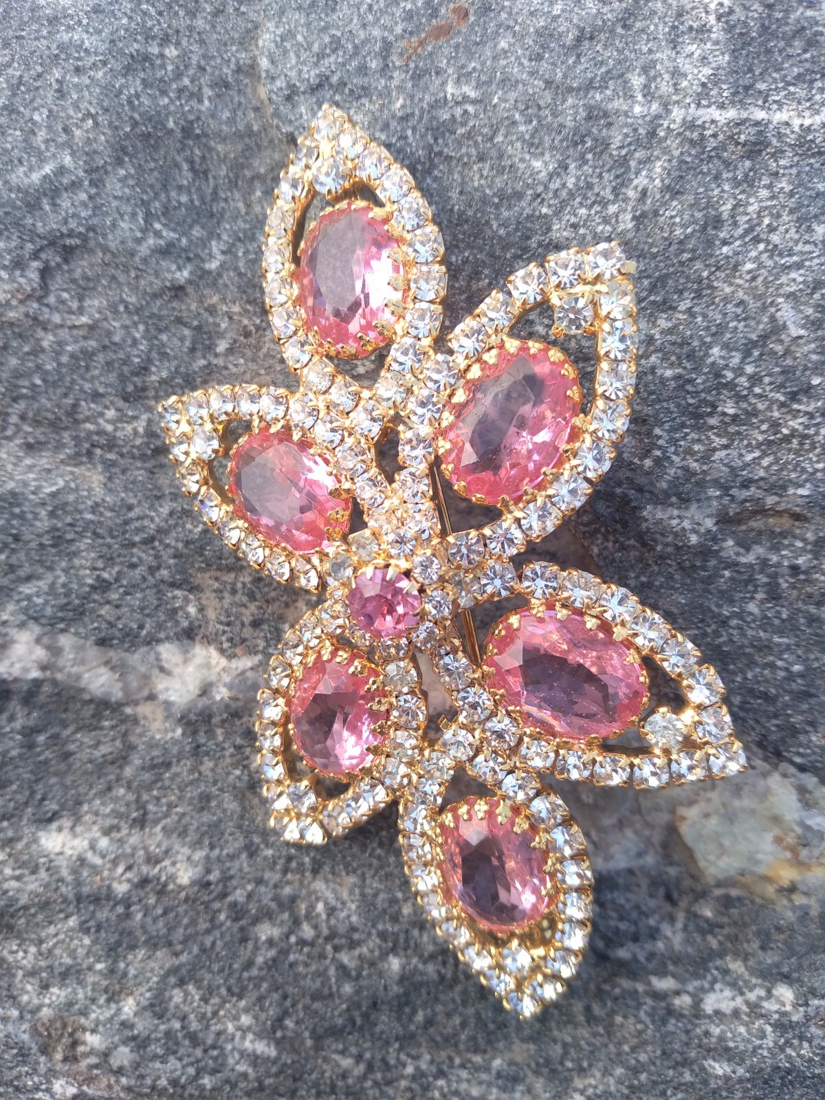 Sparkly Pink Rhinestone Brooch Gold Tone Statement 3.75 in Vintage