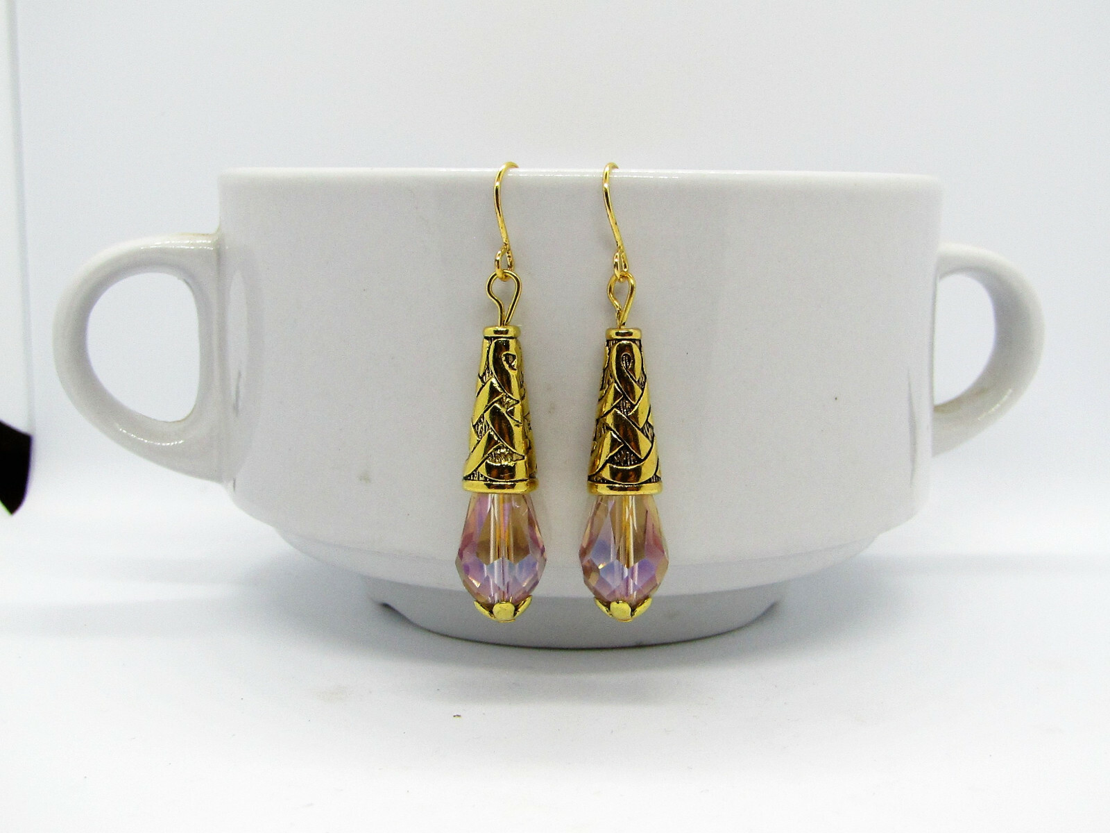 Artisan Made, Beige AB Teardrop Crystal Gold Dangle Earrings, Fashion Earrings