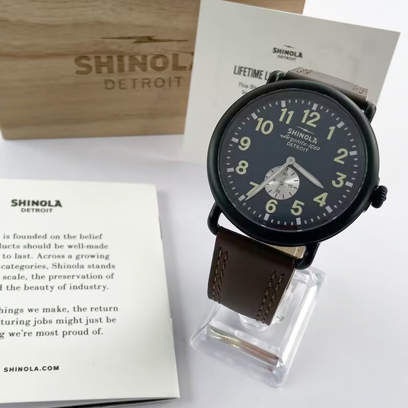 Men Shinola Runwell Argonite 1069 Black Dial Quartz Watch 47mm Leather Strap