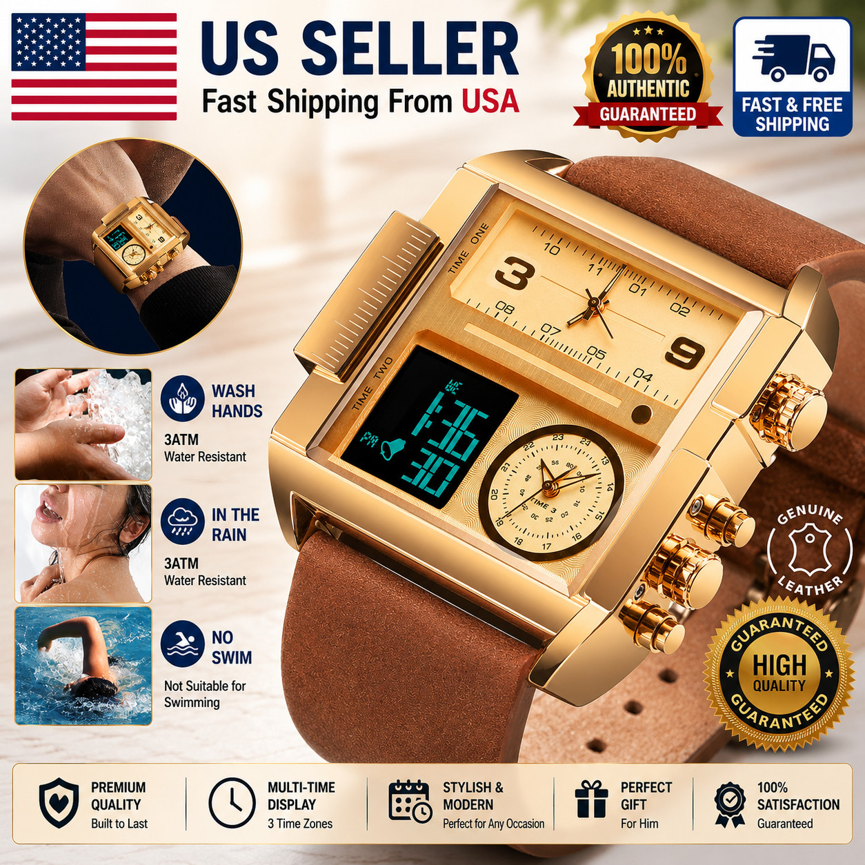 SKMEI Men Watch Large Dial Digital Quartz Sport Stopwatch Leather Wristwatch New