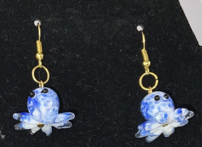 Blue & White Octopus Glass Earrings W/ Backs. Homemade 14k Extra Plated Gold New