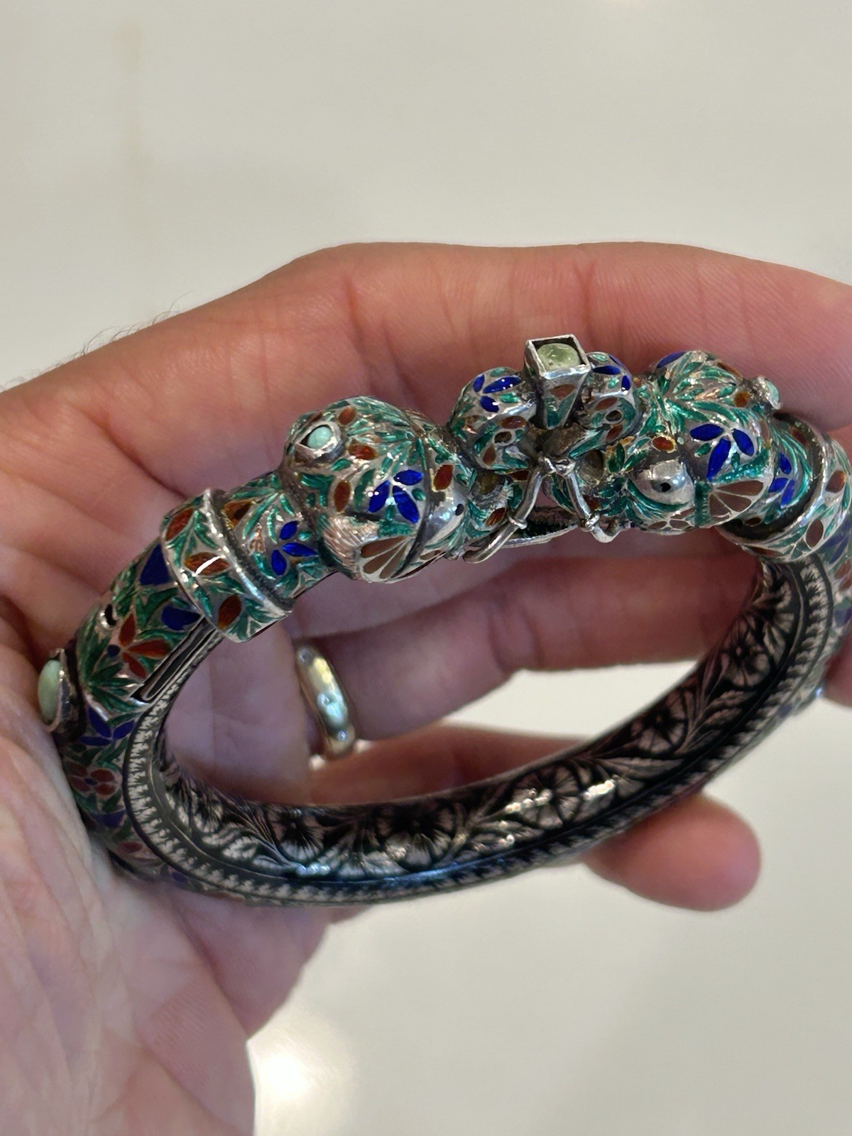 Vintage Indian Meenakari Sterling Enameled Elephant Head Bangle Turquoise AS IS