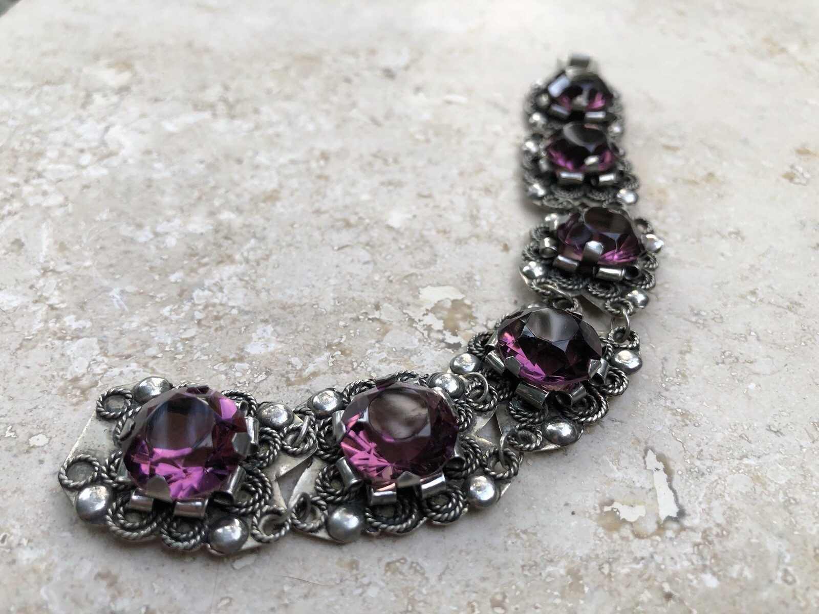 🌟🍇Vintage MEXICO STERLING SILVER Purple Color Stones STATEMENT PANEL Bracelet