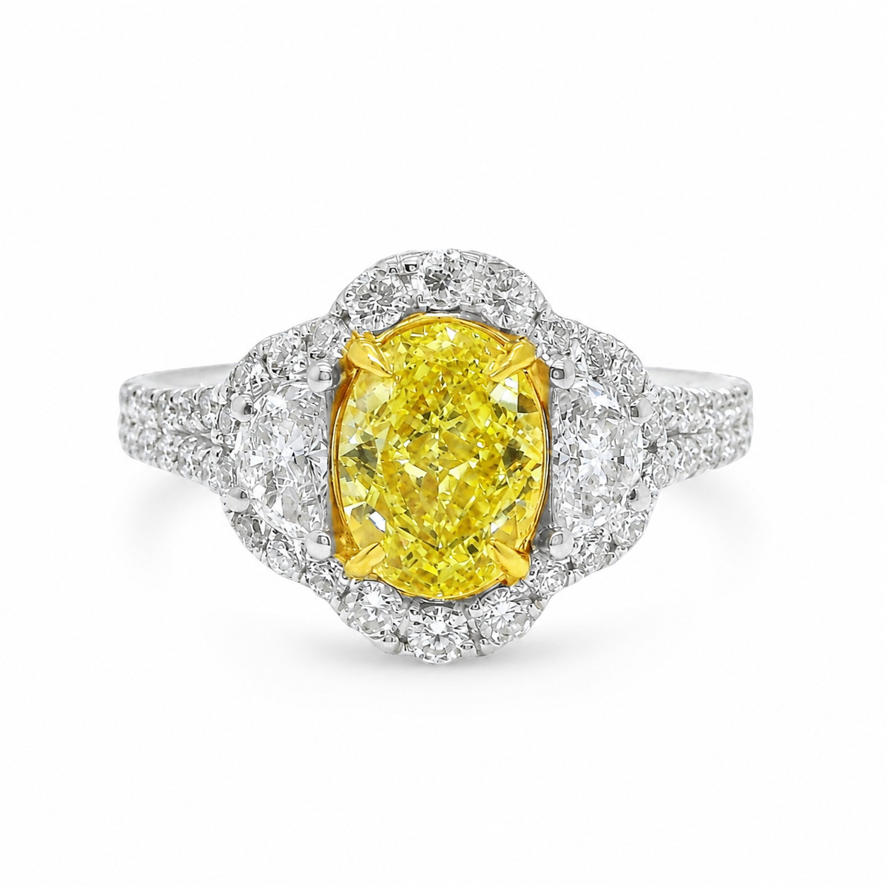 GIA Fancy Vivid Yellow Natural Diamond Ring 18K White Gold | 2.14ctw | Half Moon