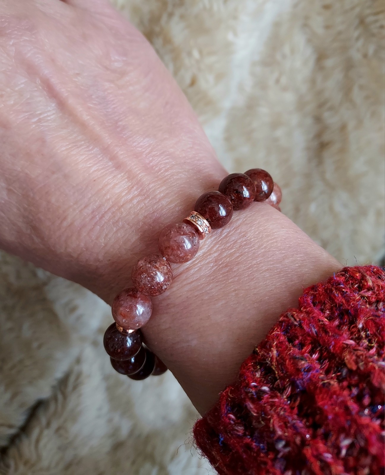 Red Phantom Quartz Gem Bead Bracelet In Rose Gold Stretch One of a Kind 6.75″