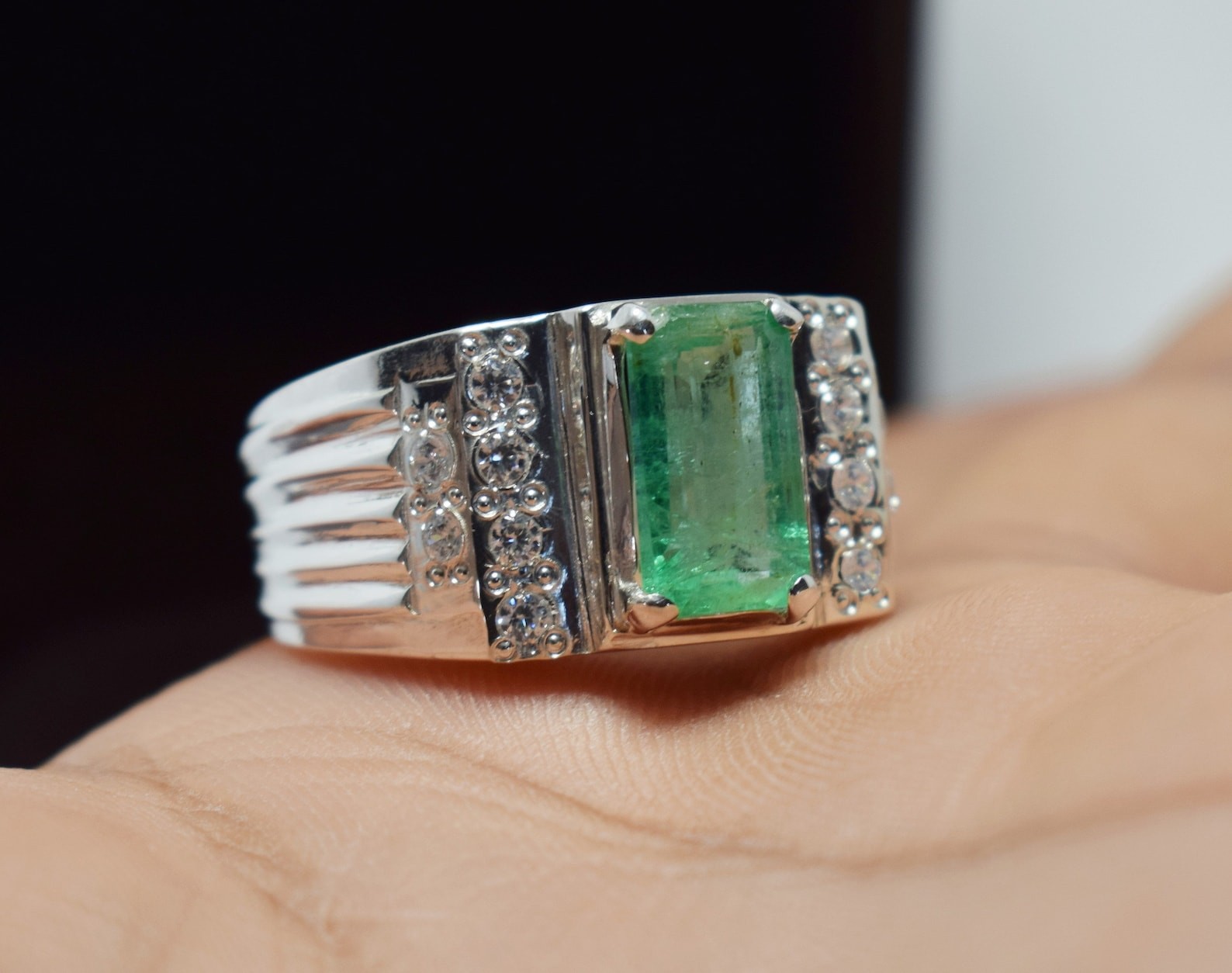 Emerald Ring: Natural Esmeralda, Sterling Silver & Zircon