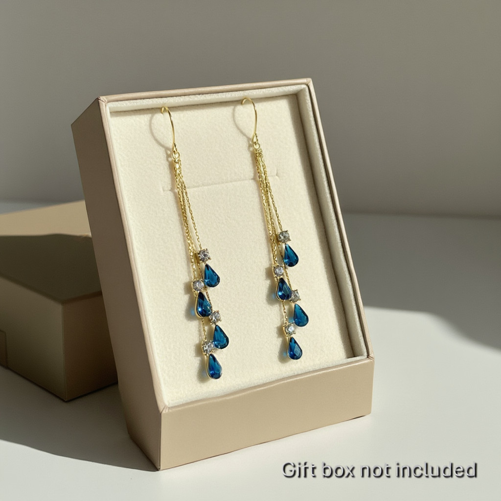 Blue Threader Earrings Long Drop Gold Dangle Crystal Zircon