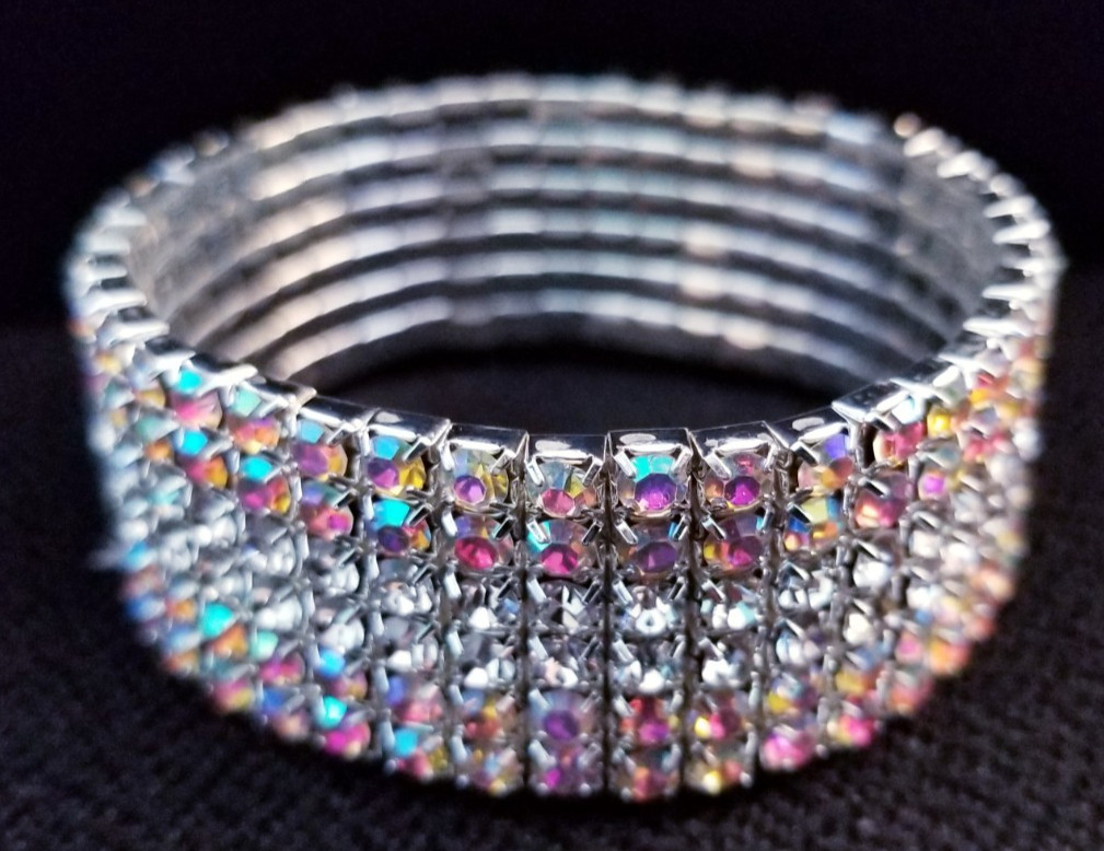 Iridescent Silver Rhinestone Stretch Bracelet Crystal Pageant Prom Drag Jewelry