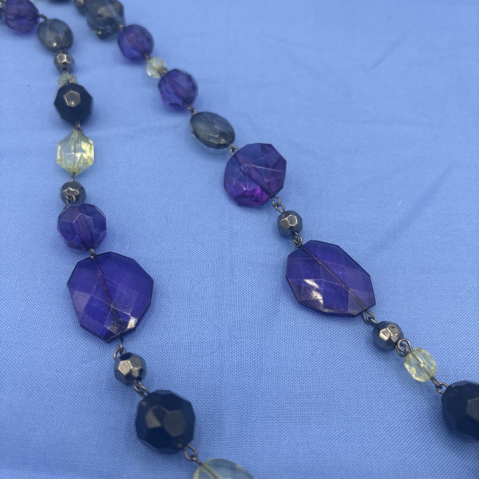 Plastic Beaded Statement Necklace Purple Gray Yellow Black Faceted Beads 24”