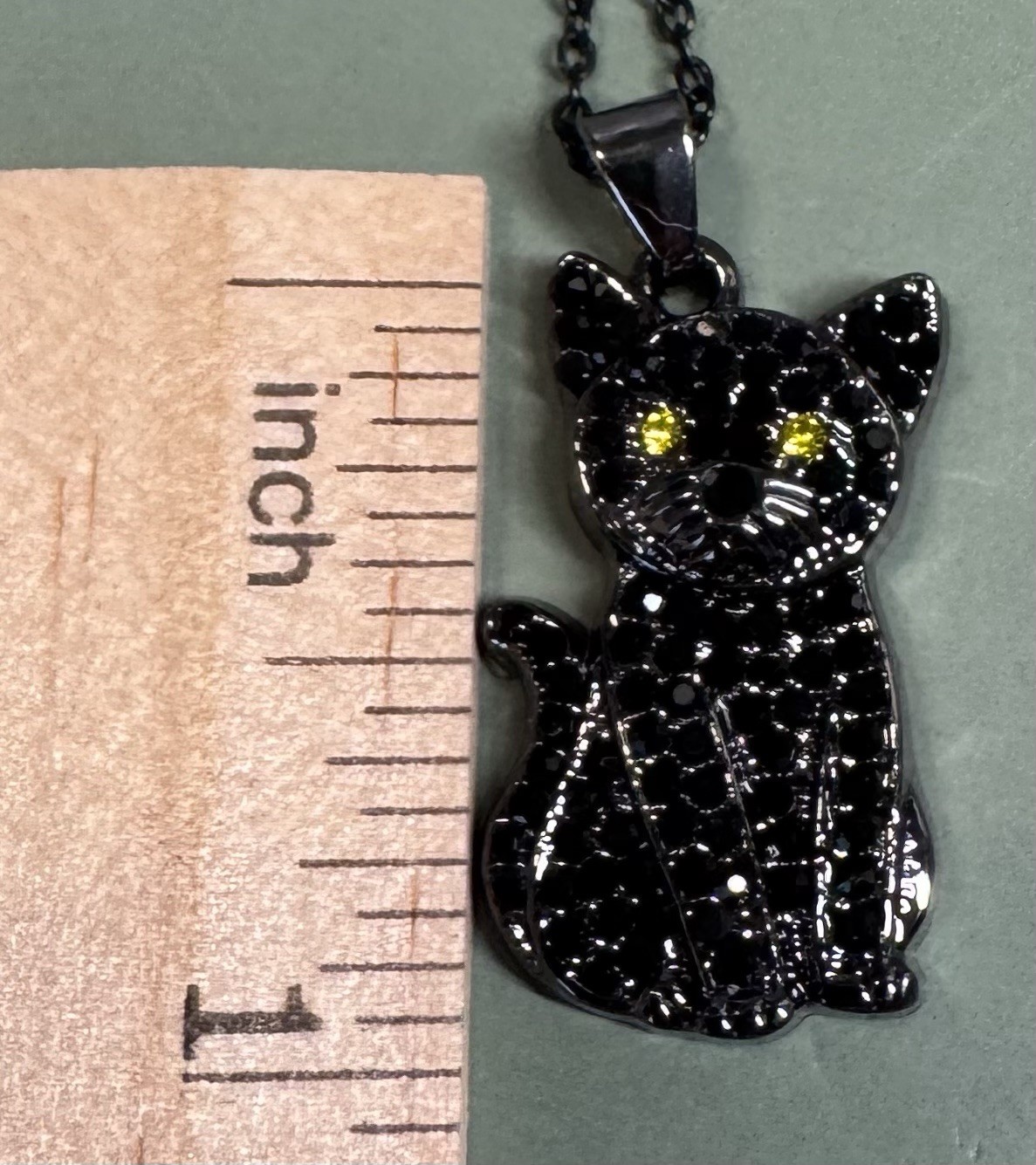 Adorable Black Rhinestone Kitty Cat Pendant On Black Chain Necklace