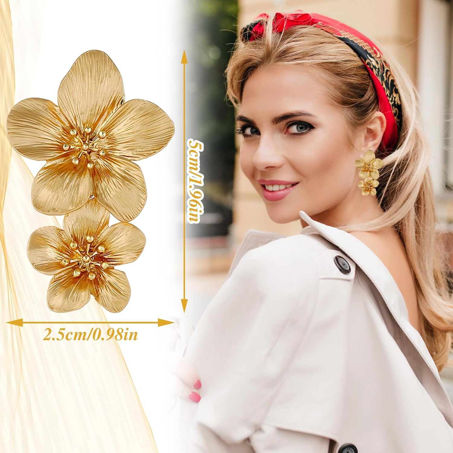 Gold Flower Earrings Double Statement 7 Cm X 11 X 1.8 Cm, Gold