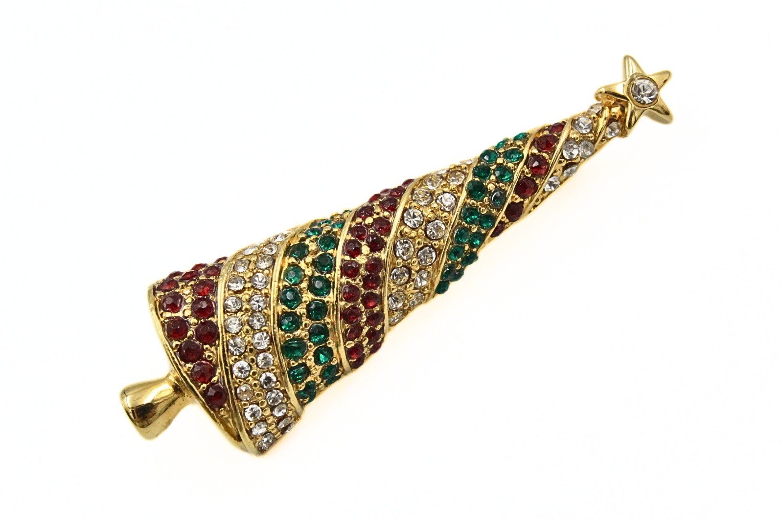Christmas Holiday Gold Plate Encrusted Red Green Rhinestones Tall Tree Brooch