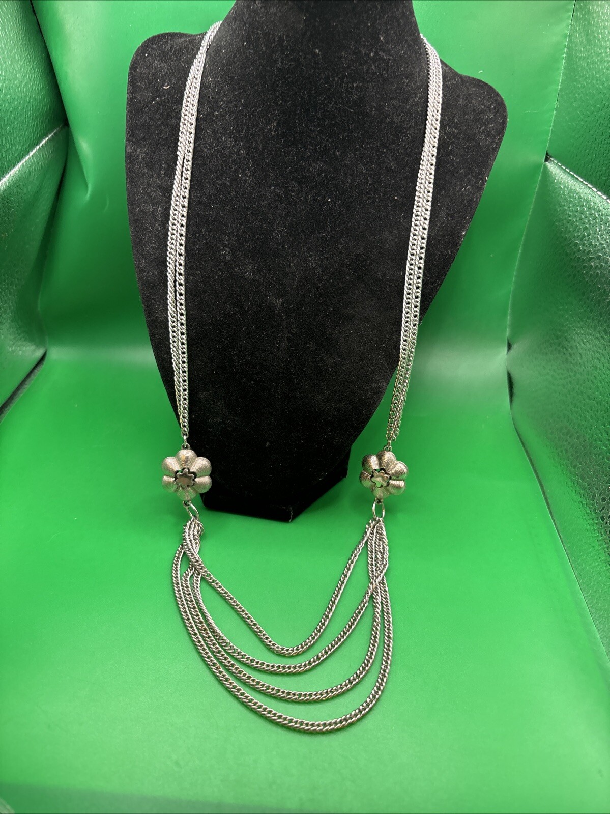 Vintage ROGET Silver Tone Multi Strand Necklace Lovely Flower Accents