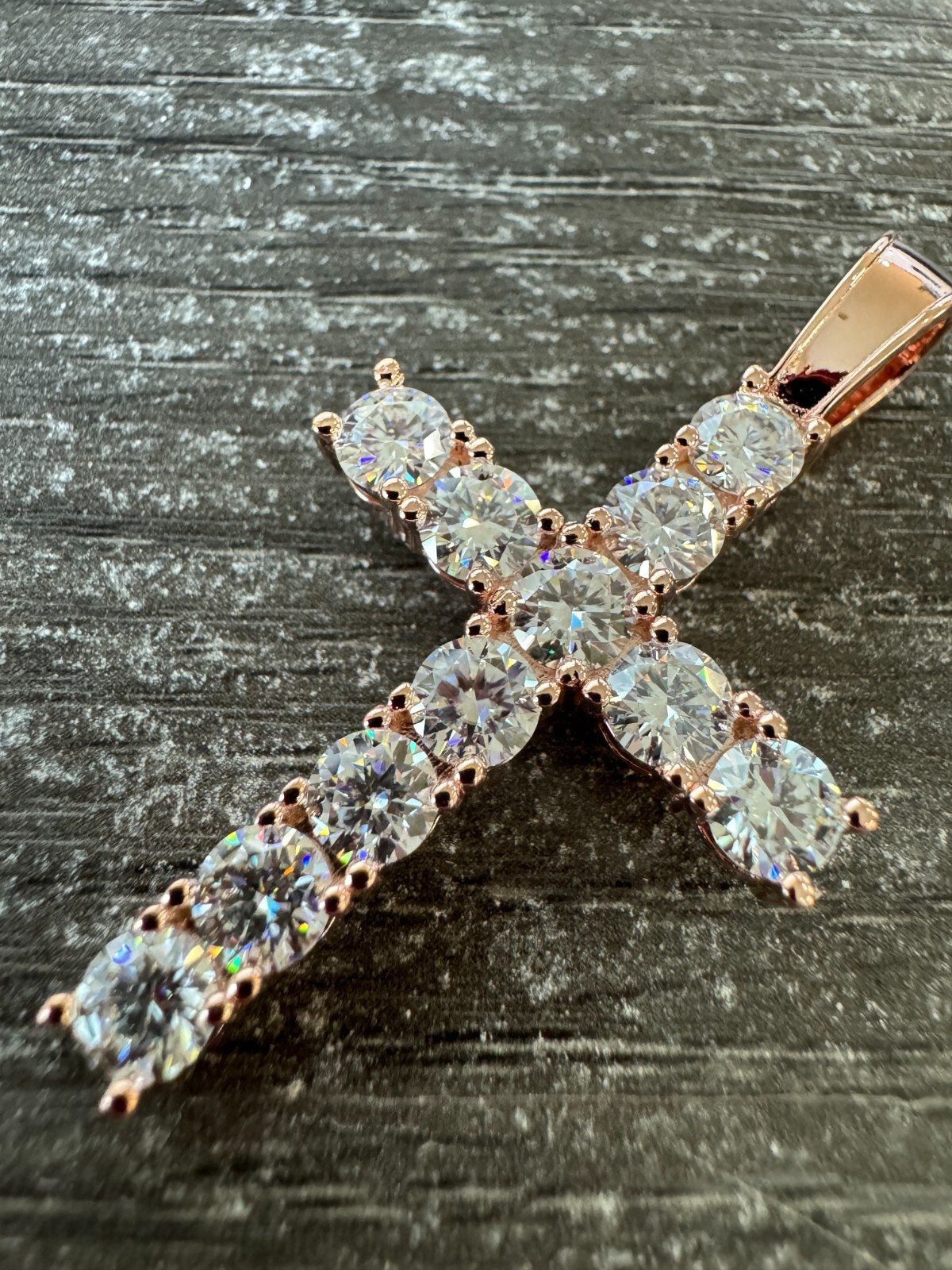 MOISSANITE 14k Rose Gold Cross & Real 925 Silver Iced Pendant Necklace Hip Hop