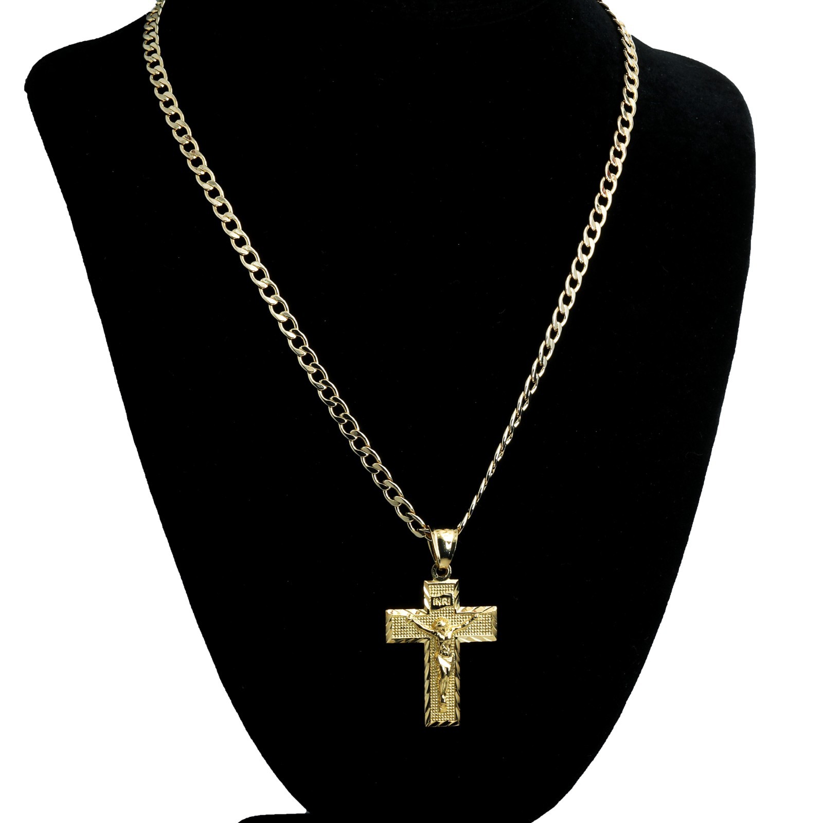 INRI Jesus Cross Charm Pendant 14k Gold Plated Brass 5mm 20″ Cuban Choker Chain