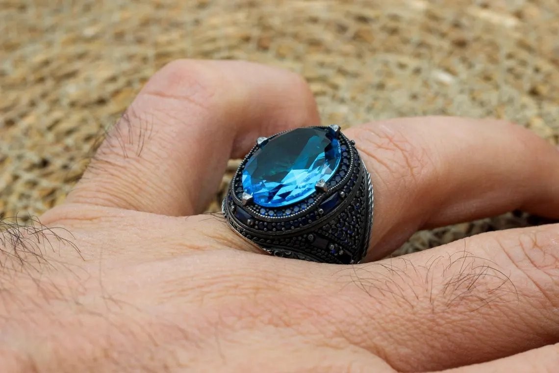 Ottoman Style Aquamarine Men’s Ring 925 Sterling Silver Turkish Ring Duty free