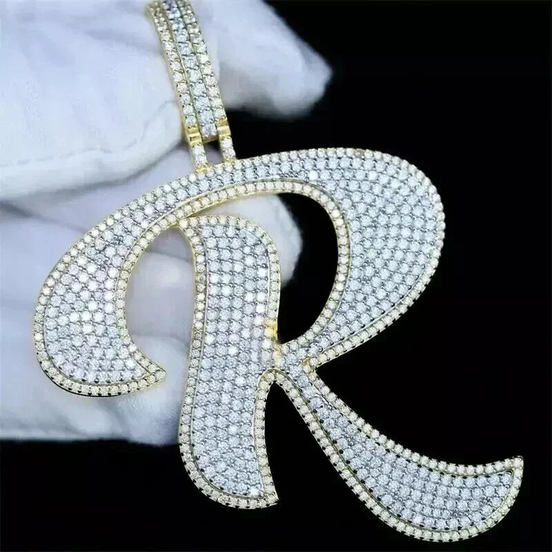 3 Ct Real Moissanite Custom Men’s Letter R Pendant 14K Yellow Gold Plated Silver