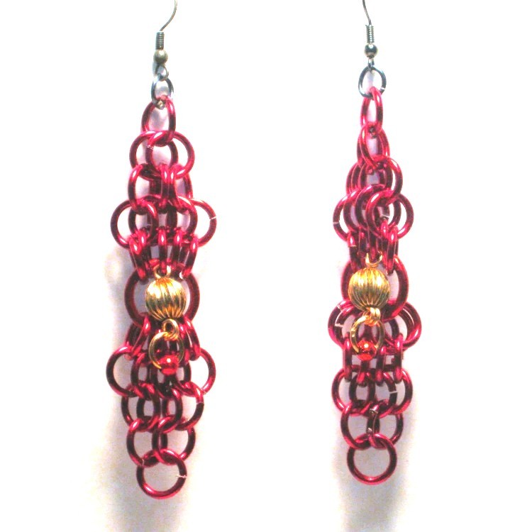 Handmade Red European 4-1 Chainmail Weave Aluminum Dangle Earrings/Gold Accents