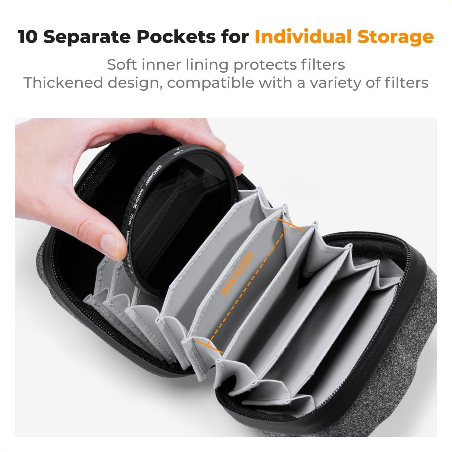 10 in 1 Lens Filter Case, Hard Shell Camera Filter Pouch up to 82Mm with Hand St