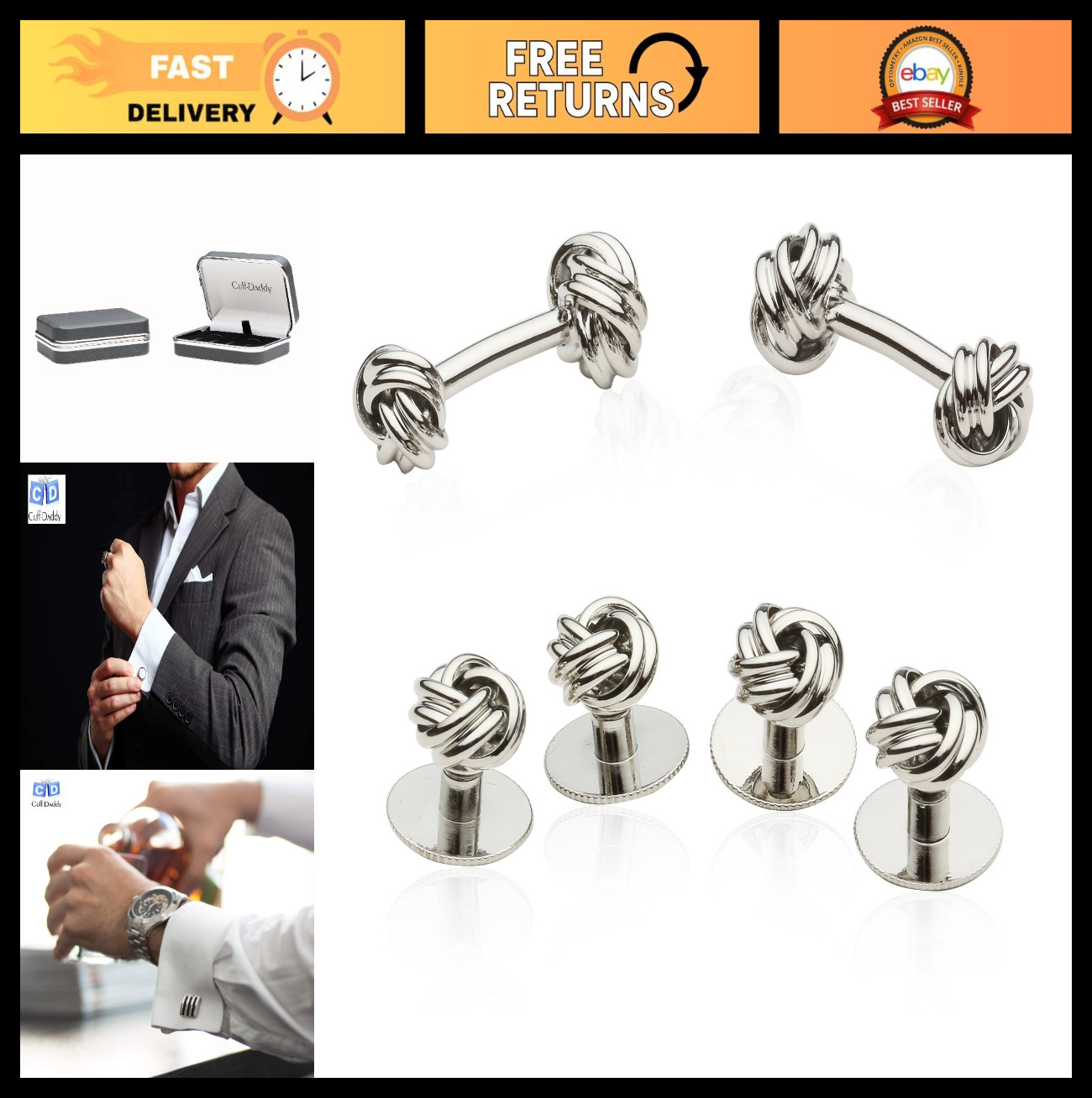 Elegant Silver Knot Cufflinks & Studs Set for Tuxedo, Wedding, Groomsmen Gift Bo