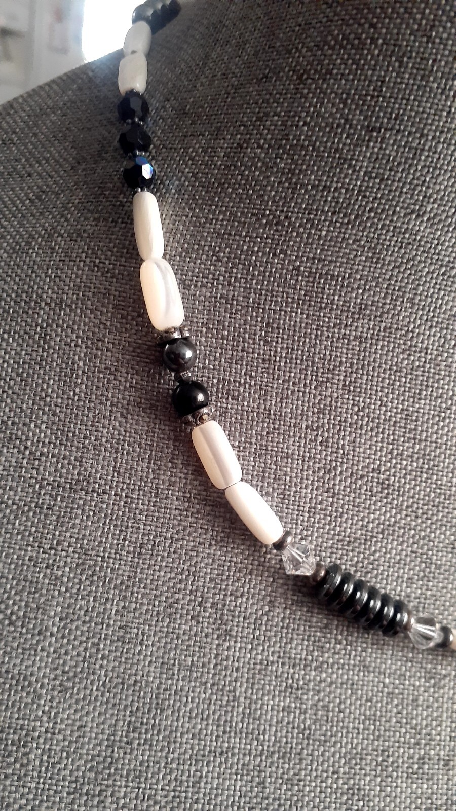 Mother of Pearl Hematite Clear & Black Stone Necklace. 18″
