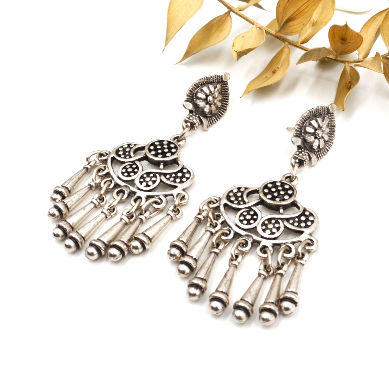 Boho Antique Silver Crescent Chandelier Fringe Dangle Ethnic Bohemian Earrings