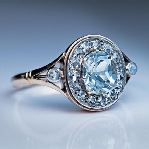 2.1 CT Simulated Aquamarine 925 Silver Plated Royal Vintage Thanksgiving Ring