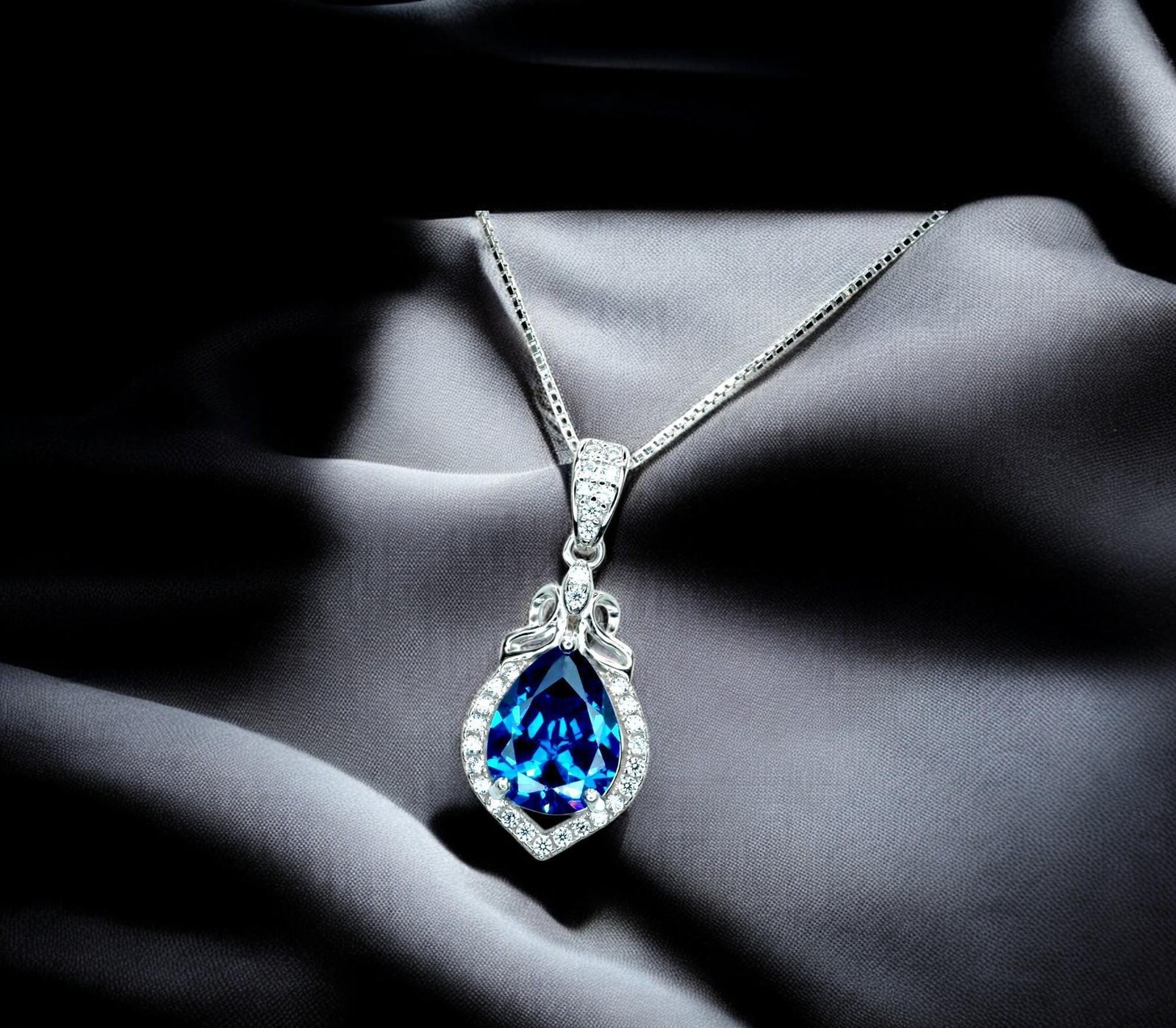 Blue sapphire necklace – 18kgp @ sterling silver – September Birthstone – Pear