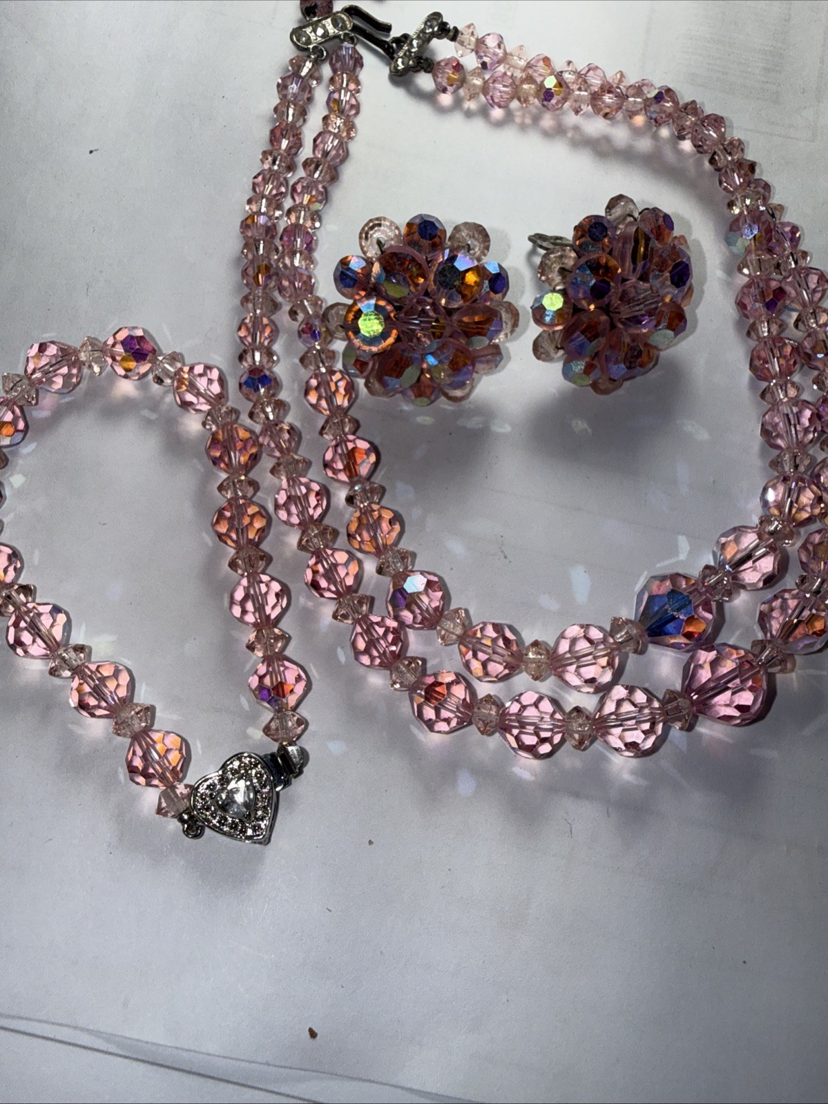 Necklace Bracelet Earrings Set Pink AB Crystal Vintage Marriage?