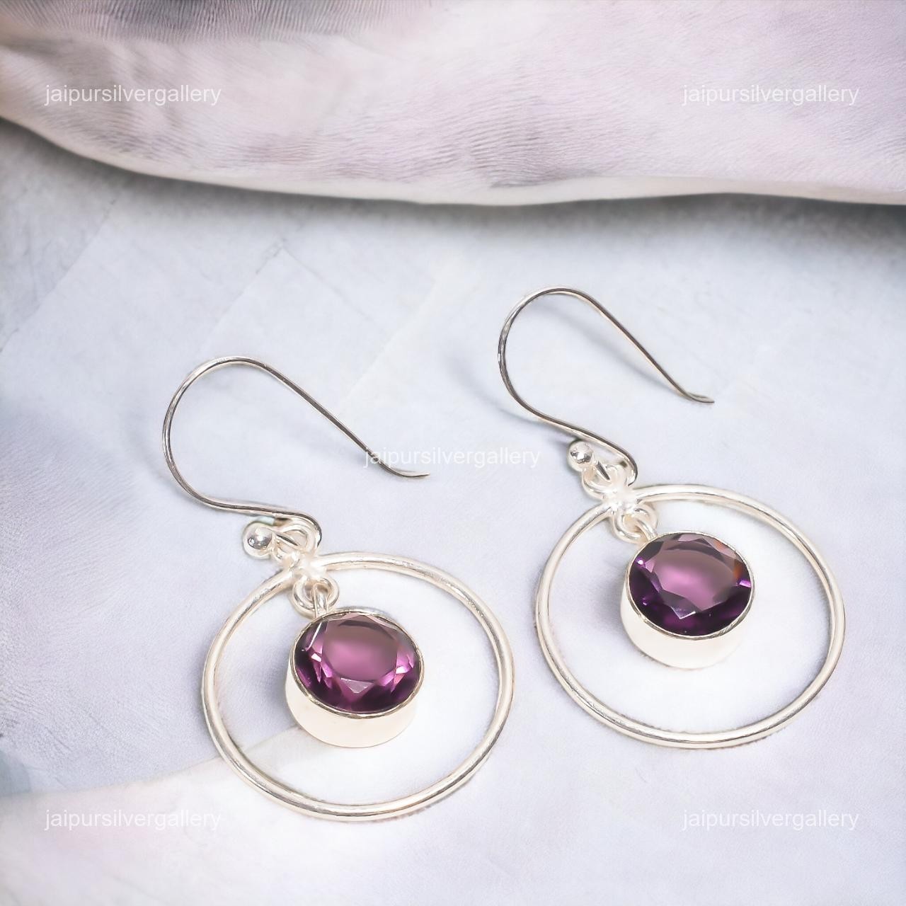 Amethyst Gemstone Jewelry 925 Silver Handmade Daily Wear Earrings 1.4″ For Women